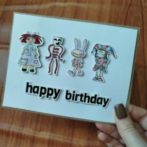 כרטיס ברכה "happy birthday" עם דמויות קרקס דיגיטלי מצוירות