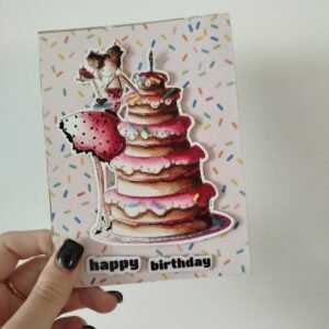 כרטיס ברכה "happy birthday" עם עוגה וילדה