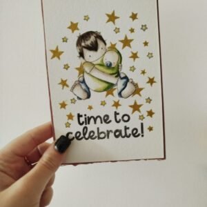 כרטיס ברכה "time to celebrate" עם ילד ותינוק